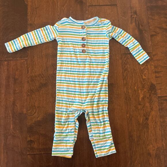 Posh Peanut Boys 6-9 Month Romper Outfit Bamboo Henley Blue Yellow Striped - Picture 1 of 6